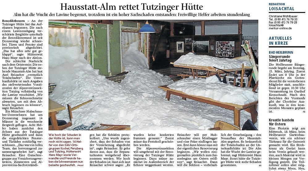 Artikel zum Lawinenungl&uuml;ck im T&ouml;lzer Kurier