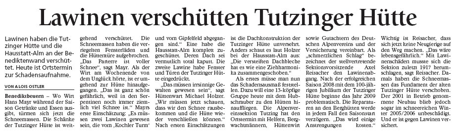 Artikel zum Lawinenungl&uuml;ck im T&ouml;lzer Kurier